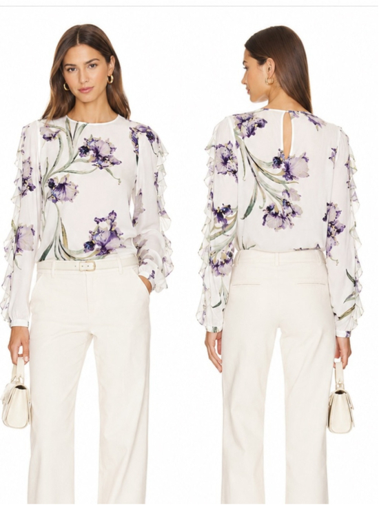 Club Monaco Tops - Club Monaco White Blouse with Purple Floral Print and Ruffle Sleeves